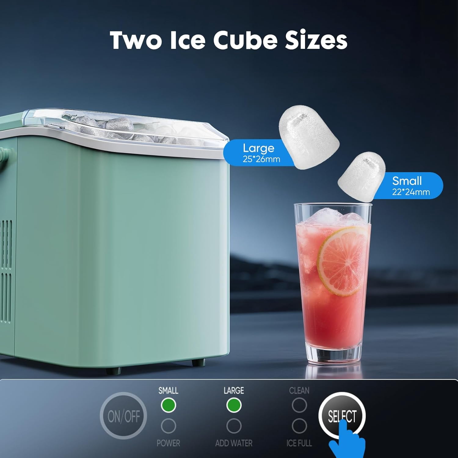 Countertop Ice Maker with Scoop and Basket, Portable Ice Machine Makes 9 Cubes in 6 Minutes, 26.5lbs per Day, 2 Cube Sizes for Home Kitchen Office Bar, Green