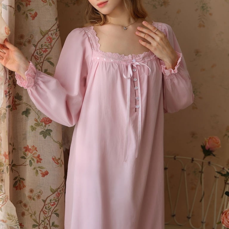 Previn Women's Cotton Victorian Nightgown Cute Pajamas Dress Princess Summer Long Night Dress Vintage Short Sleeve Ruffle Comfy Soft Sleepwear Pink 
