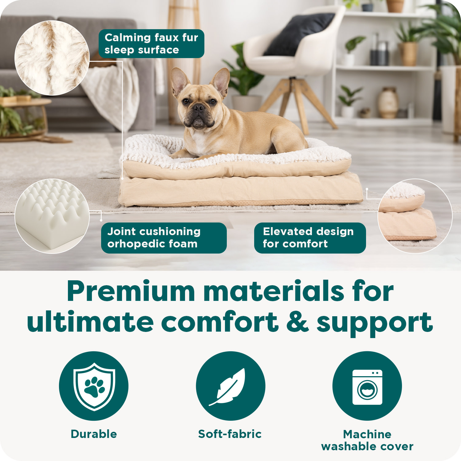 FurHaven Pet Products Medium Embossed Faux Fur & Suede Pillow Top Mattress Dog & Cat Bed, Taupe