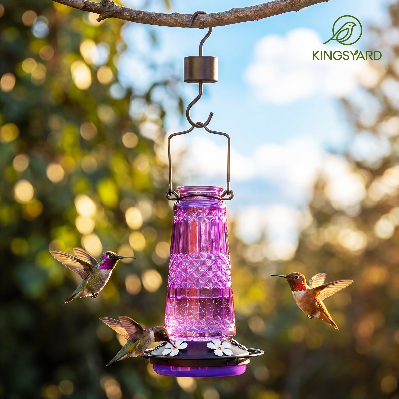 Kingsyard 18.6 oz Purple Glass Hummingbird Feeder, 5 White Ports, Ant Moat Included
