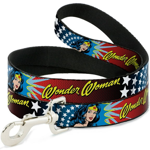 DC Comics Pet Leash, Dog Leash, Wonder Woman Face Stars, 4 Feet Long 1.0 Inch Wide