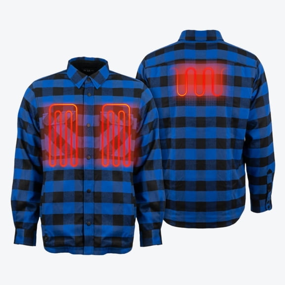 Mobile Warming Heated Flannel Jacket for Men, Plaid Shacket, Chest and Back Heat, 7.4V Battery, Black/Blue, Small