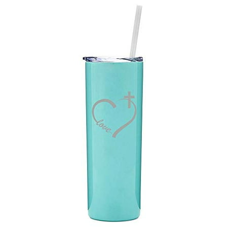 

20 oz Skinny Tall Tumbler Stainless Steel Vacuum Insulated Travel Mug With Straw Love Heart Cross Christian (Light Blue)