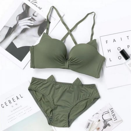 

Fashion Cute Small Thin 3/4 Cup Chest hot-selling No Steel Ring Solid Color Push Up bra &Brief Set Army Green 32B