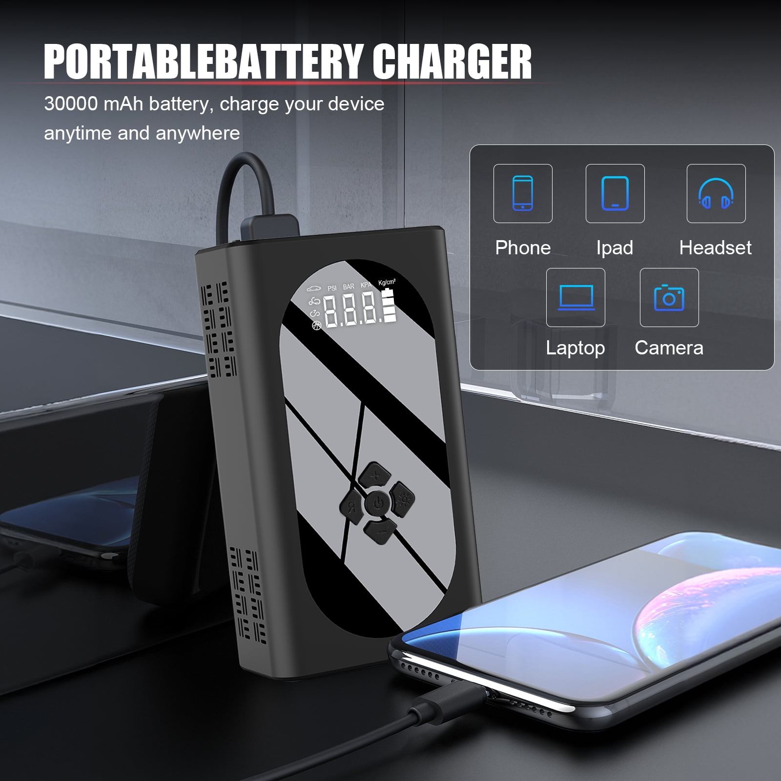 Car Battery Jump Starter, 3000A 12V, with Air Compressor, USB Power Bank