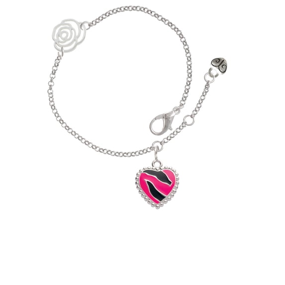 Delight Jewelry Silvertone Hot Pink Zebra Print Heart Silver-tone Rose Link Chain Bracelet, 6.25"+1.75" Extender