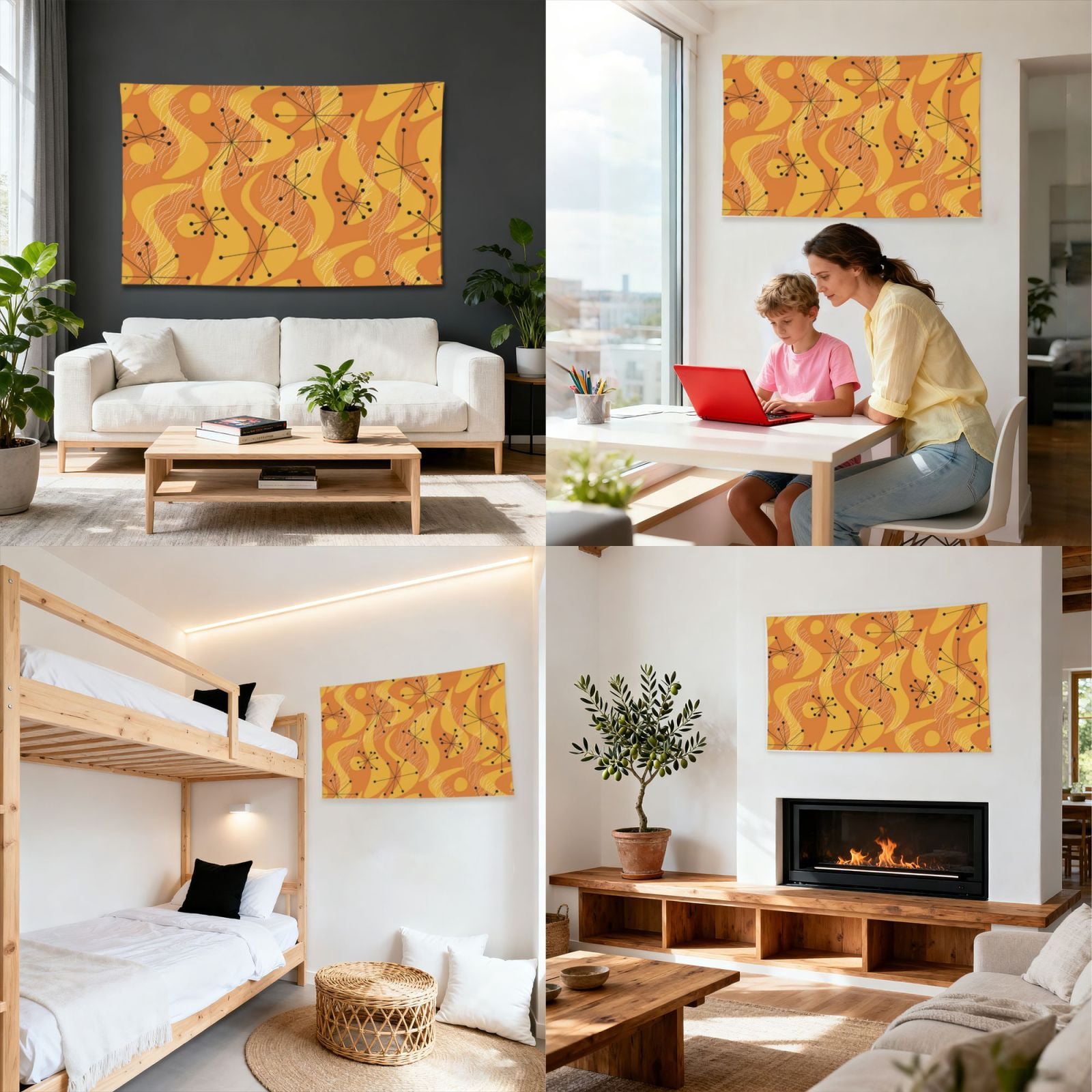 Orange Geometric Atomic Modern Midcentury Four Hole Decorated Banner Flag for Garden Yard Home Decoration Indoor Outdoor 4x6 Ft
