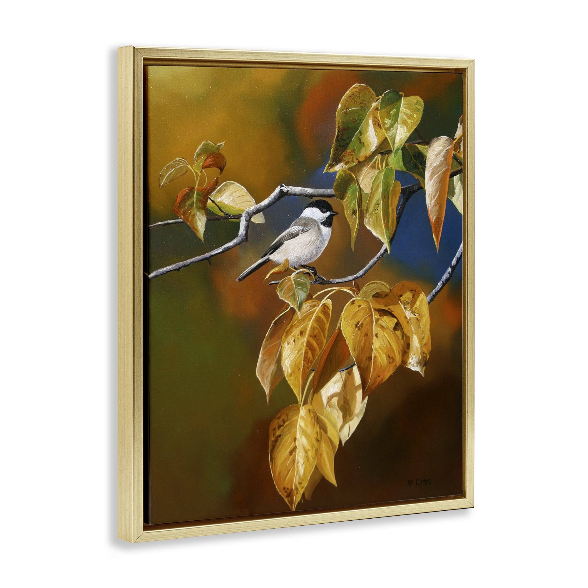 Stupell Industries Chickadee on Branch Animals Painting Gold Floater Framed Canvas Art Print Wall Art, 17 x 21