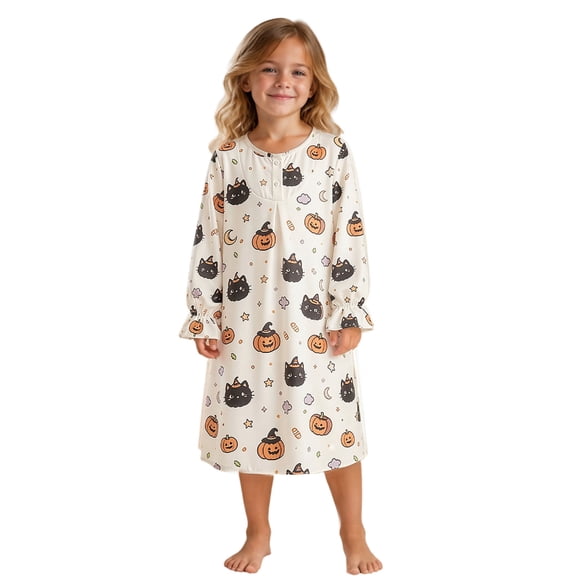 JIAYUE Girl Kids Nightgown Soft Lightweight Halloween Funny Print Long Sleeve Ruffle Cuff Round Neck Button Front Loose Cute Pajamas For Holiday Party Family Indoor Loungewear Nightwear,11-12 Years