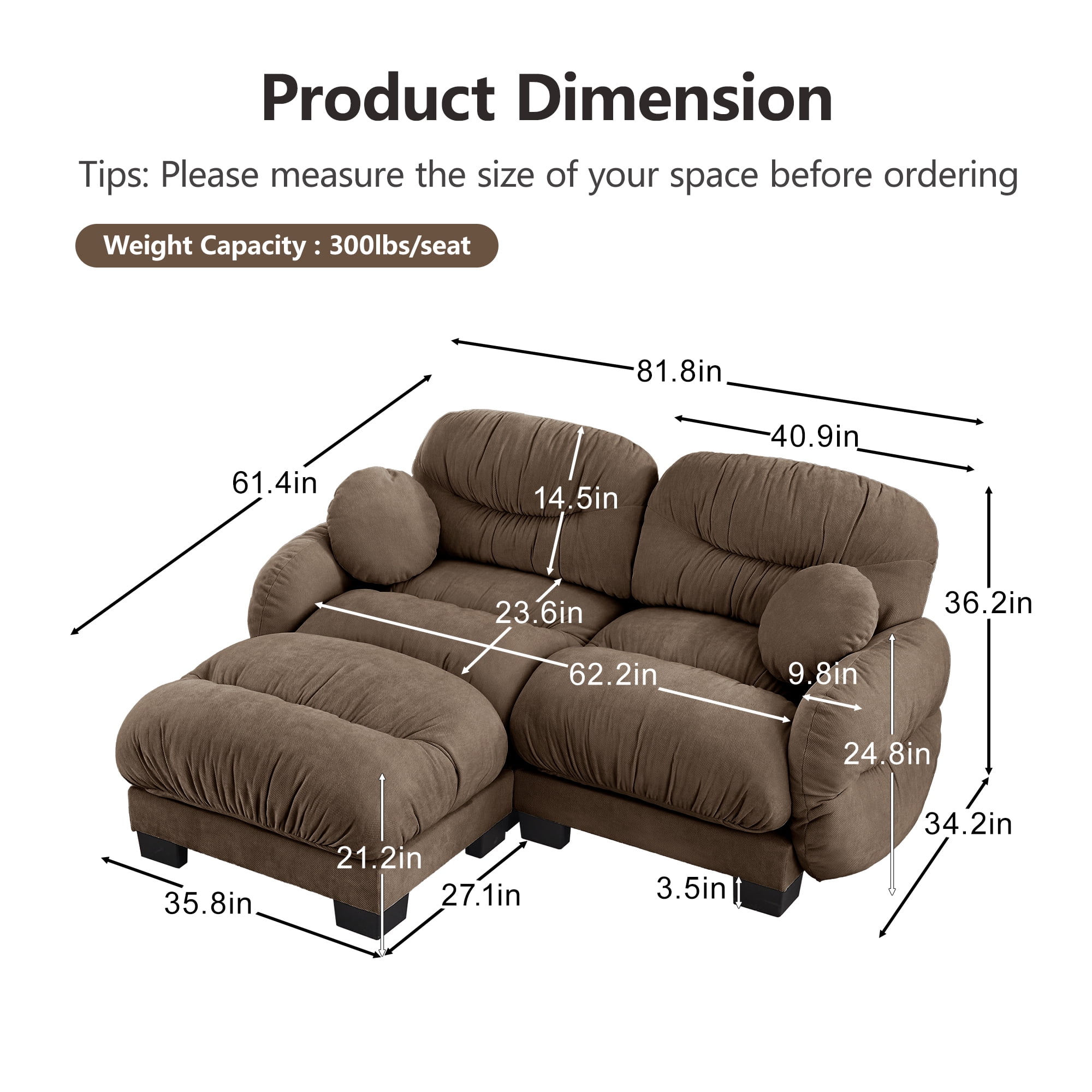 81" L Shape 2 Seater Sectional Couch Cozy Chenille Modular Sofa with Ottoman and 2 Throw Pillows