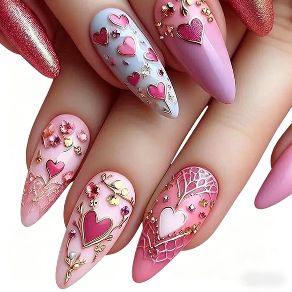 24PCS Long Stiletto Press On Nails, Pink Tone with 3D Heart, Flower & Gold Lace Design, Glossy Natural Fit Fake Nails for Women, Romantic Valentine's Manicure, Salon & Home Use