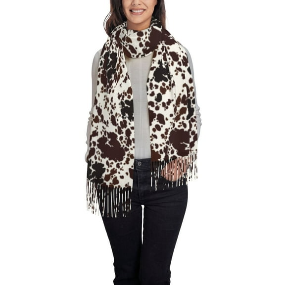 Qokaie Cow Skin Print Scarf for Women Lightweight Soft Scarves Fall Winter Fashion Shawl Wrap with Fringe