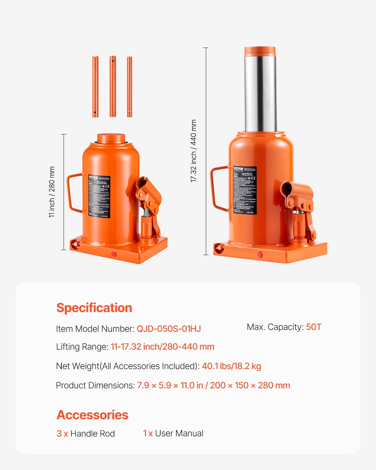 VEVOR Hydraulic Bottle Jack, 50 Ton/110231 lbs Welded Bottle Jack with 11''-17.32'' Lifting Range & 3-Section Long Handle