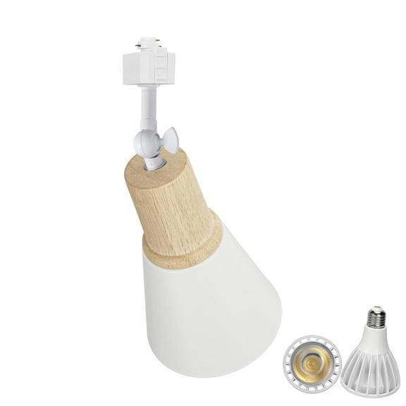KAYYELAMP H System Adjustable Titl Angle Track Lighting Full Spectrum 6000K 25W Bulb Wood Base White Metal Shade Vintage Design for Farmhouse Kitchen Plant Rooms