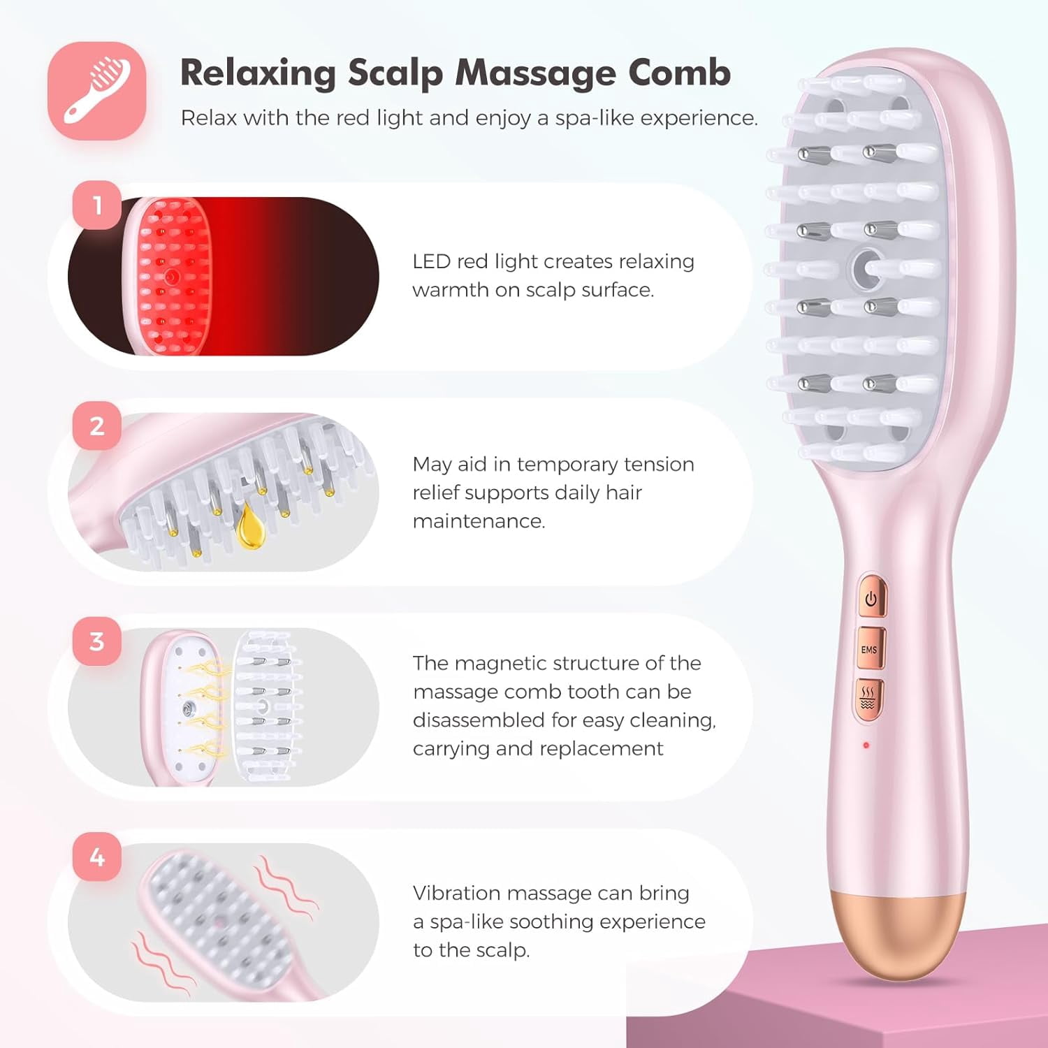 Laser Hair Growth Comb, Hair Oil Applicator Brush, Red Blue Light Phototherapy Vibration Hair Regrowth Brush for Hair Growth & Anti Hair Loss (Pink)