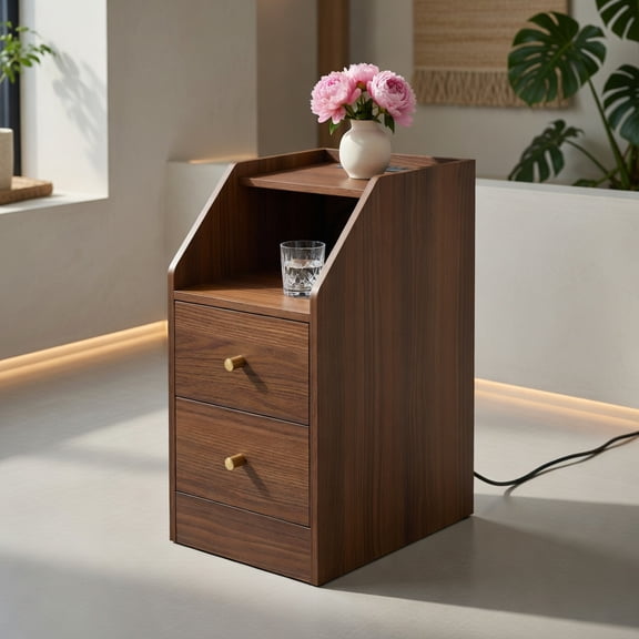 Resenkos Side End Table with Charging Station, Sofa Couch Table with Shelf Drawer for Living Room, Bedroom, Walnut