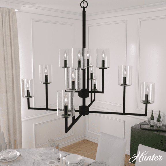 Hunter - Kerrison 12-light Natural Black Iron, Extra Large Chandelier, Dimmable, Candle Shaped, for Bedrooms, Kitchens, Dining, Living Rooms - 19530