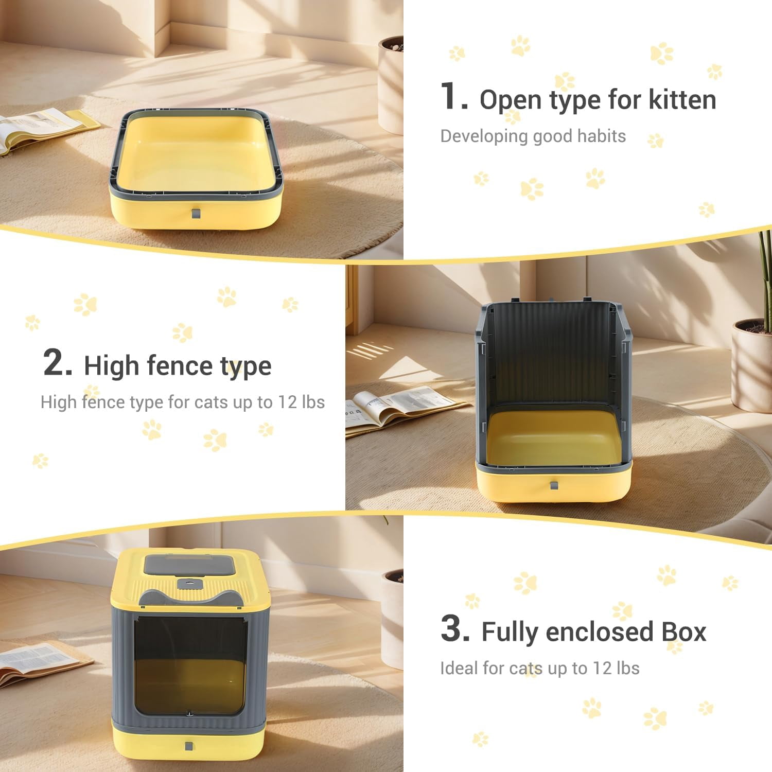 LCZLBRRD Foldable Cat Litter Box for Kitten to Adult Cat, Fully Enclosed with Scoop, Odor Control, Yellow & Grey