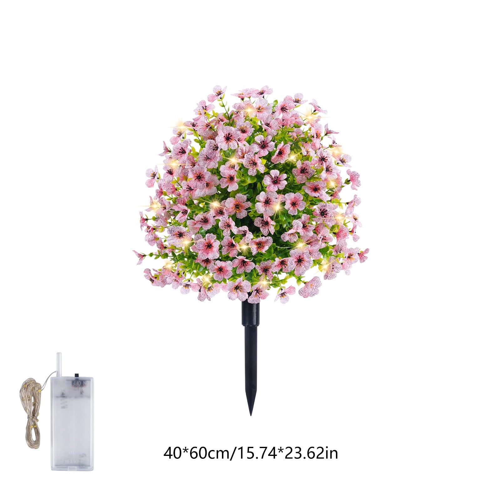 Bcylexb Artificial Flowers Ball for Outdoors, 23.6" Faux Flowers with Stake and LED Light Decorative Fake Flowers for Front Door Yard Garden Entryway Walkway Decor