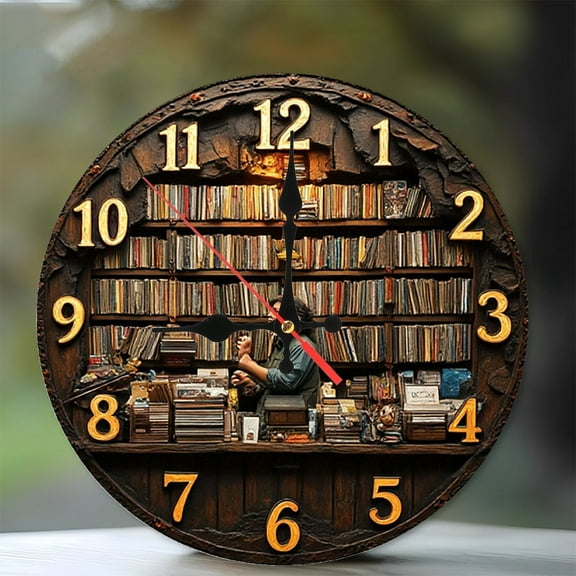Vintage Bookstore Clock Wooden Bookshelf Wall Clock 10-Inch Silent Wooden Wall Clock, Battery Operated (AA Batteries Not Included), Artistic Home Decor