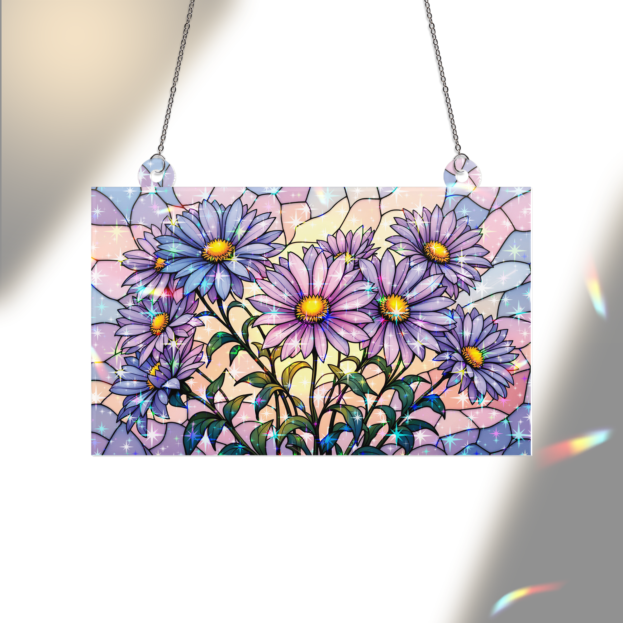 89Bloom Aster Flower Stained Glass Hologram Ornament, Stained Glass Suncatcher Ornaments Home Decor, Holographic Ornaments