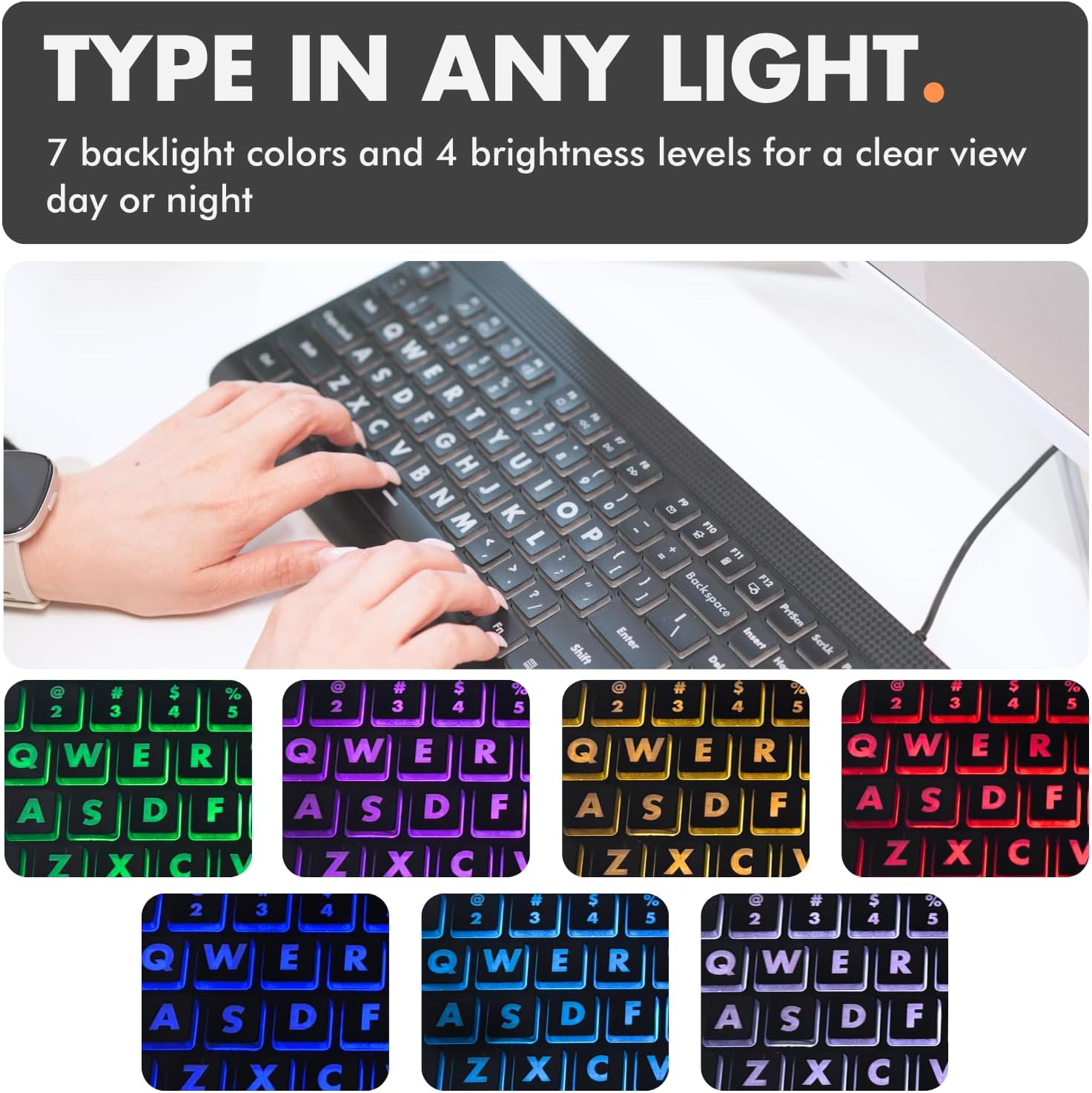X9 Large Print Backlit USB Keyboard 7-Color LED photo 6