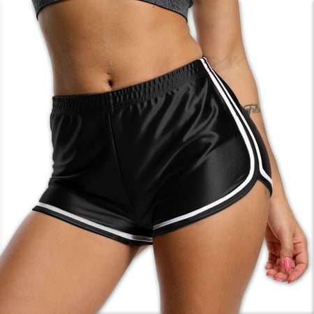 Ladies Running Short - Fashion Womens Sports Casual Beach Running Slim Yoga Ladies High Waist Satin Shorts Hot Pants Black S