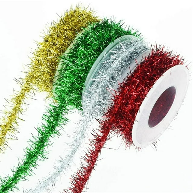 4Pcs Festive Decorative Ribbons 9M, Colorful Festival Decorations Gold and Silver Metal Wire Colored Strips Metal Wire Wool Strips Scallion Flower Rings Ribbons
