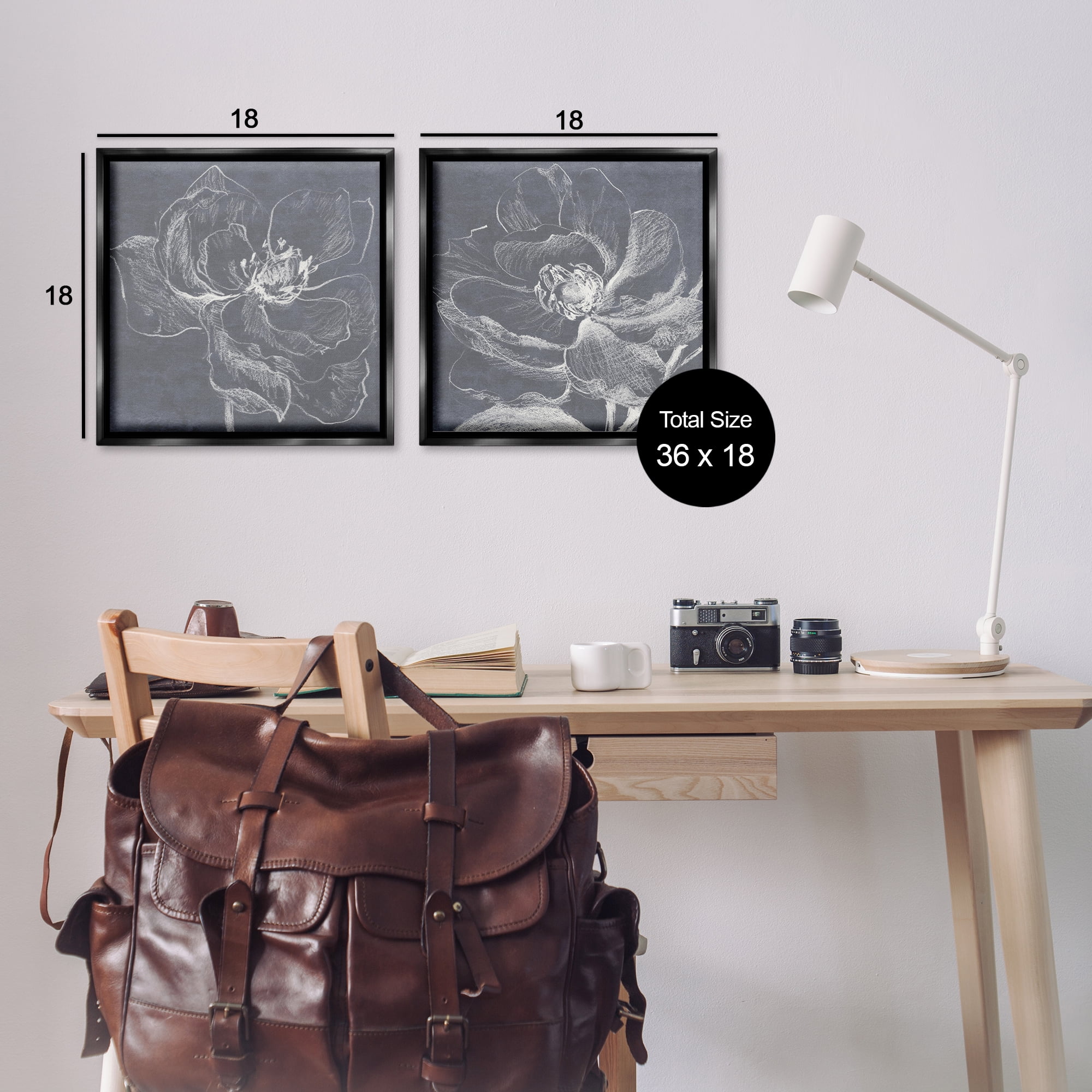 Stupell Industries Chalkboard Magnolia Blossom Plants & Flowers Drawing Black Floater Framed Canvas Art Print Wall Art, 18 x 18, Set of 2