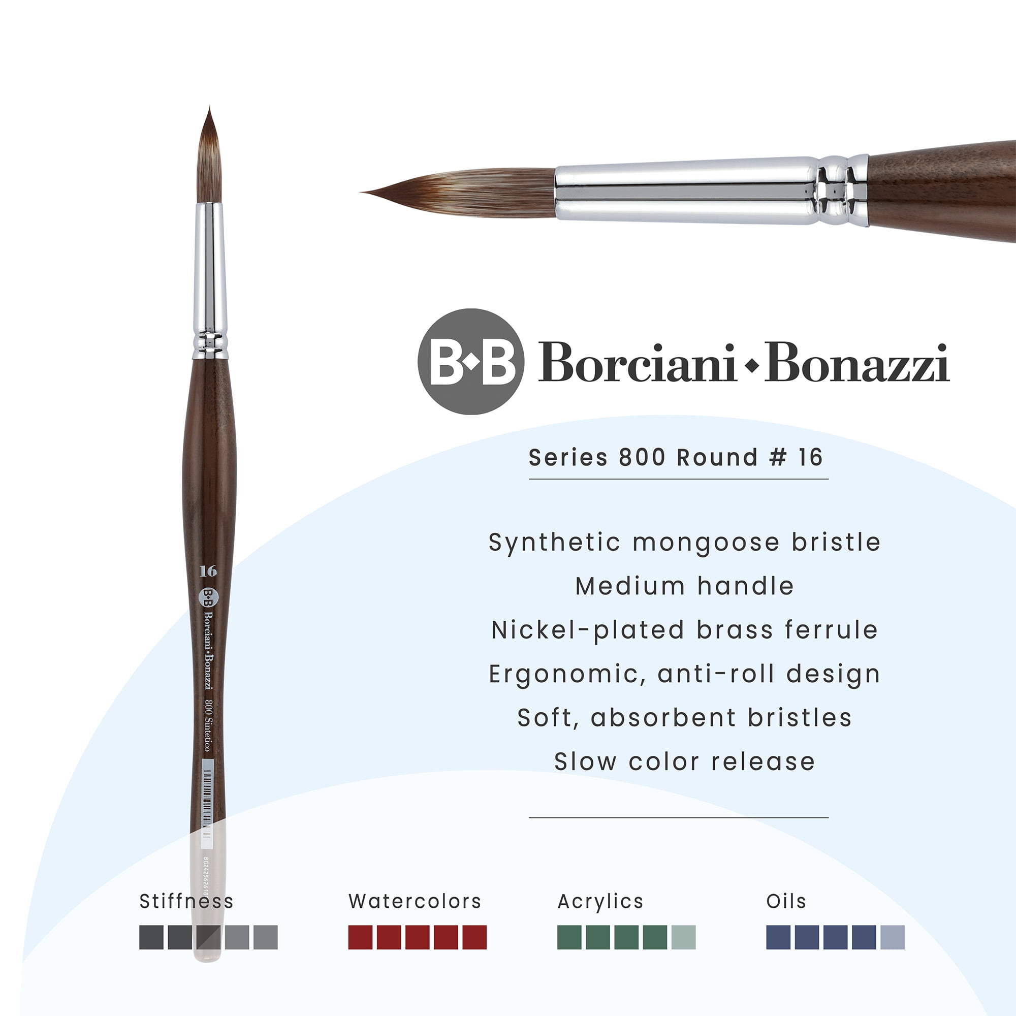 Borciani e Bonazzi Unico Synthetic Mongoose Artist Paint Brush - Series 800 Round - Size #16 - Watercolors, Oil & Acrylic Paint - Handcrafted in Italy, Anti-Roll Design, Ergonomic Medium Handle