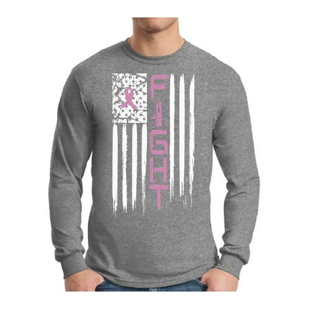 Distressed Long Sleeve Tee Awkward Styles Men's Breast Cancer American Flag Distressed Graphic Long Sleeve T-shirt Tops Fight Pink Ribbon ()