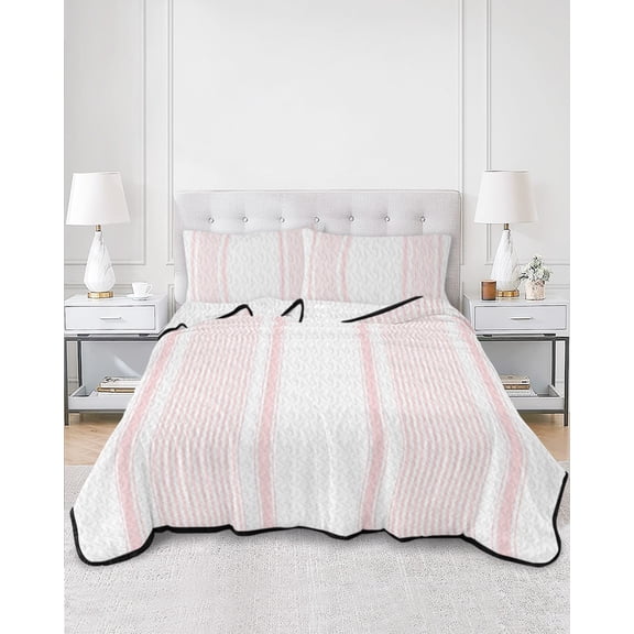 Quilts King Size, Pink Striped Soft Comforter Bedding Set for Bed, Farmhouse Thin Vertical Stripes Modern Lightweight Quilted Bedspread with Pillow Cover(2 Pieces) for All Season, 96x106 Inch
