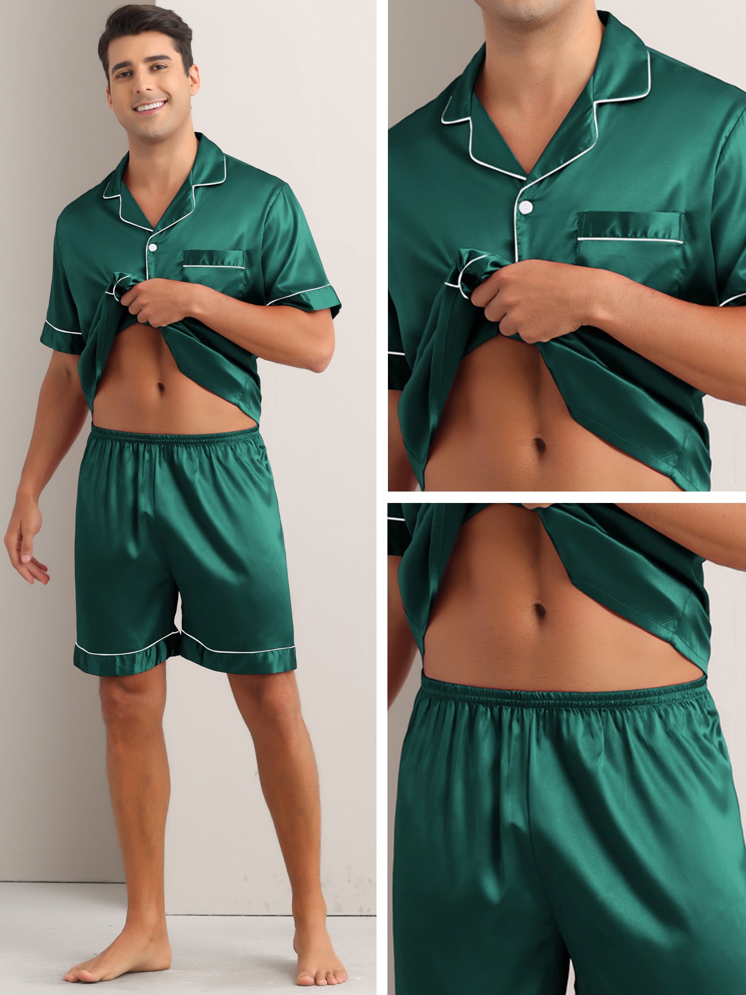 DARING DIVA Men's 2-Piece Satin Short Sleeve Nightwear Shorts Pajamas Set M Green