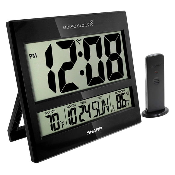 Sharp Atomic Clock - Never Needs Setting! - Jumbo 3" Easy to Read Numbers - Indoor/Outdoor Temperature Display with Wireless Outdoor Sensor - Gloss B