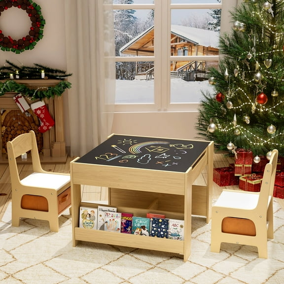 LAZY BUDDY 3-Piece Kids Table and Chair Set, Wooden Toddler Activity Table Set with Storage Drawers, 2 Side Bookshelf & Detachable Tabletop