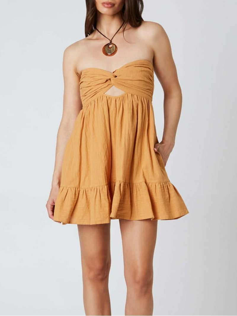 Womens Y2K Strapless Tube Dress Twist Knot Front Cut Out Babydoll Dress  Smocked Backless Flowy Ruffle Hem Dresses - Walmart.com