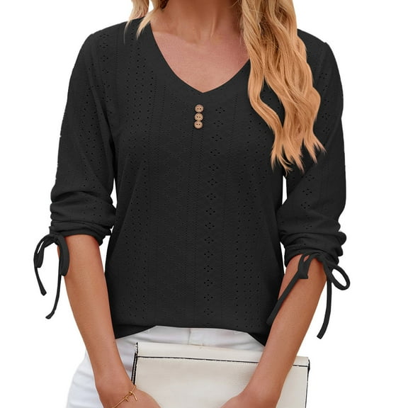 Honeeladyy Summer Blouses for Women,2024 Casual Drawstring Cuff Long Sleeve Shirt Buttons V Neck Solid Color Breathable Pullover Gift Black L