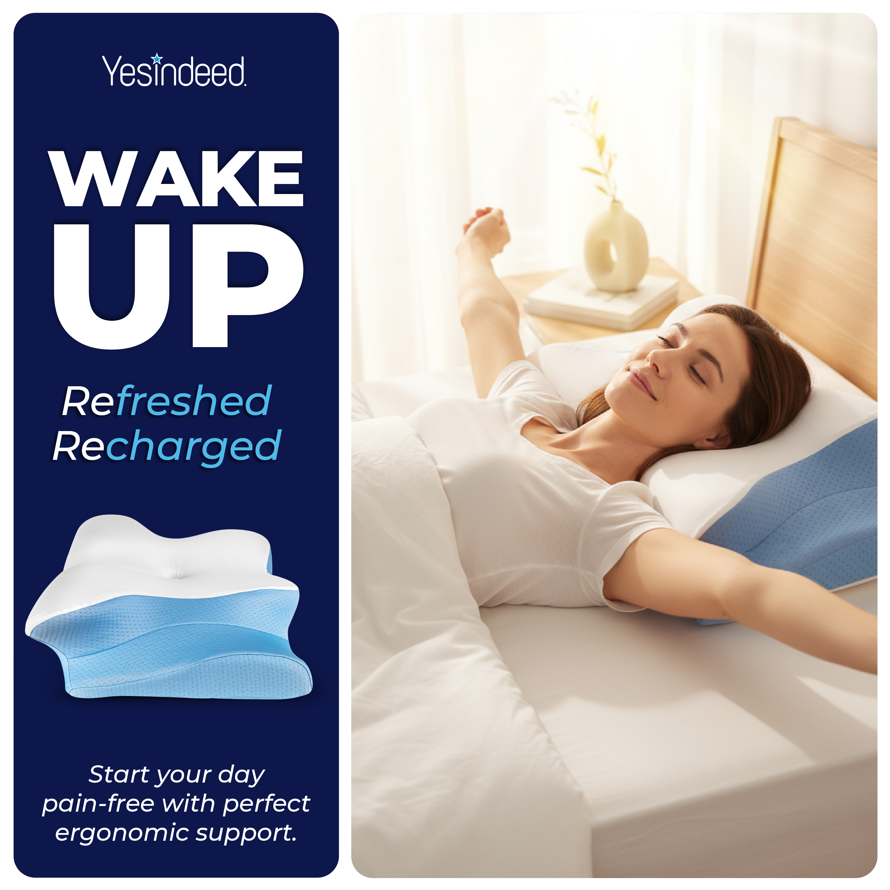YESINDEED Pain Relief Cooling Pillow - Cervical Neck Support for Sleeping (Blue & White)