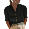 thumbnail image 2 of CALAFEBILA Women Dressy Tops Button Up Womens Plus Size Tops,Women's Fashion Solid Color Shirt Summer Short Sleeve V Neck Women Tops, 2 of 6