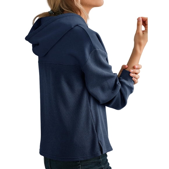 Women Hoodies Casual Waffle Knit Long Sleeve Drawstring Pullover Sweatshirts Light-Weight Hooded Tops Navy Blue XXL