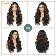 QUEENTAS Headband Wig for Women 24 Inch Glueless Ready to Wear – Long Wavy Loose Wave Pre-Plucked Natural Hairline Heat Resistant Synthetic Wig (Dark Brown with Honey Caramel Highlights)