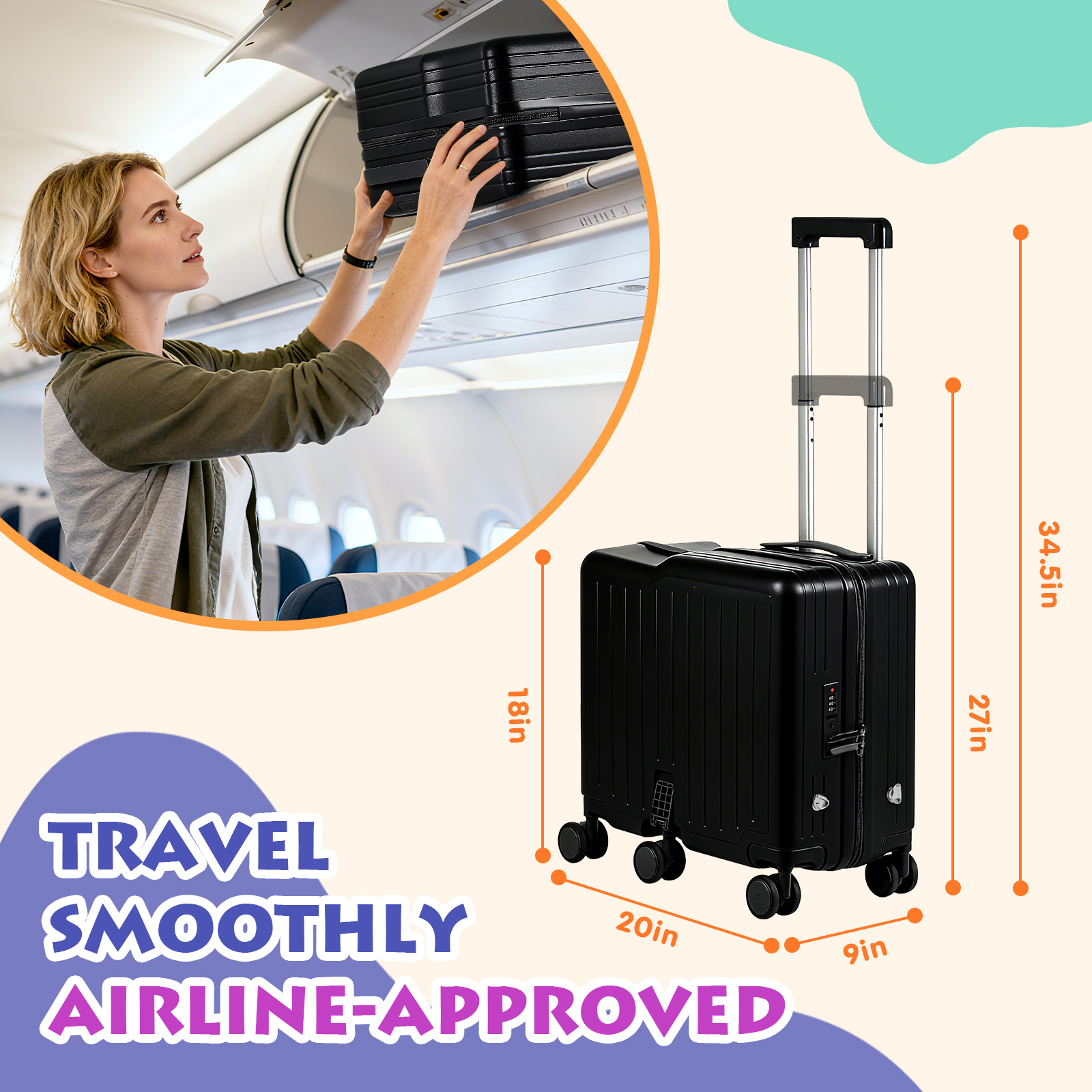 Advwin Ride-On Kids Luggage with Pull Strap, Footrests, Cup Holder, 6 Wheels & Adjustable Handle, 18-Inch Spinner Suitcase with Stickers & Boarding Pass, Black