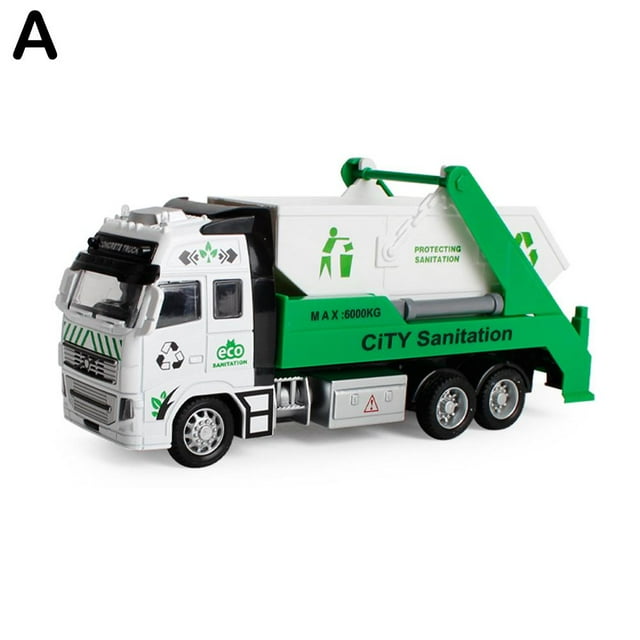 1:38 Garbage Truck Trash Bin Vehicles Diecast Model Pull Gift Car Toy Back Q4B5