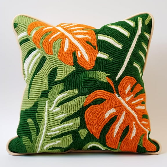 Latch Hook kits Pillow Tropical Plants Monstera Leaves Printed Canvas Cushion Crochet Yarn Needlework DIY Hook Latch Kit Embroidery Pillowcase Rug Cover Home Sofa Decoration 43x43cm(10)