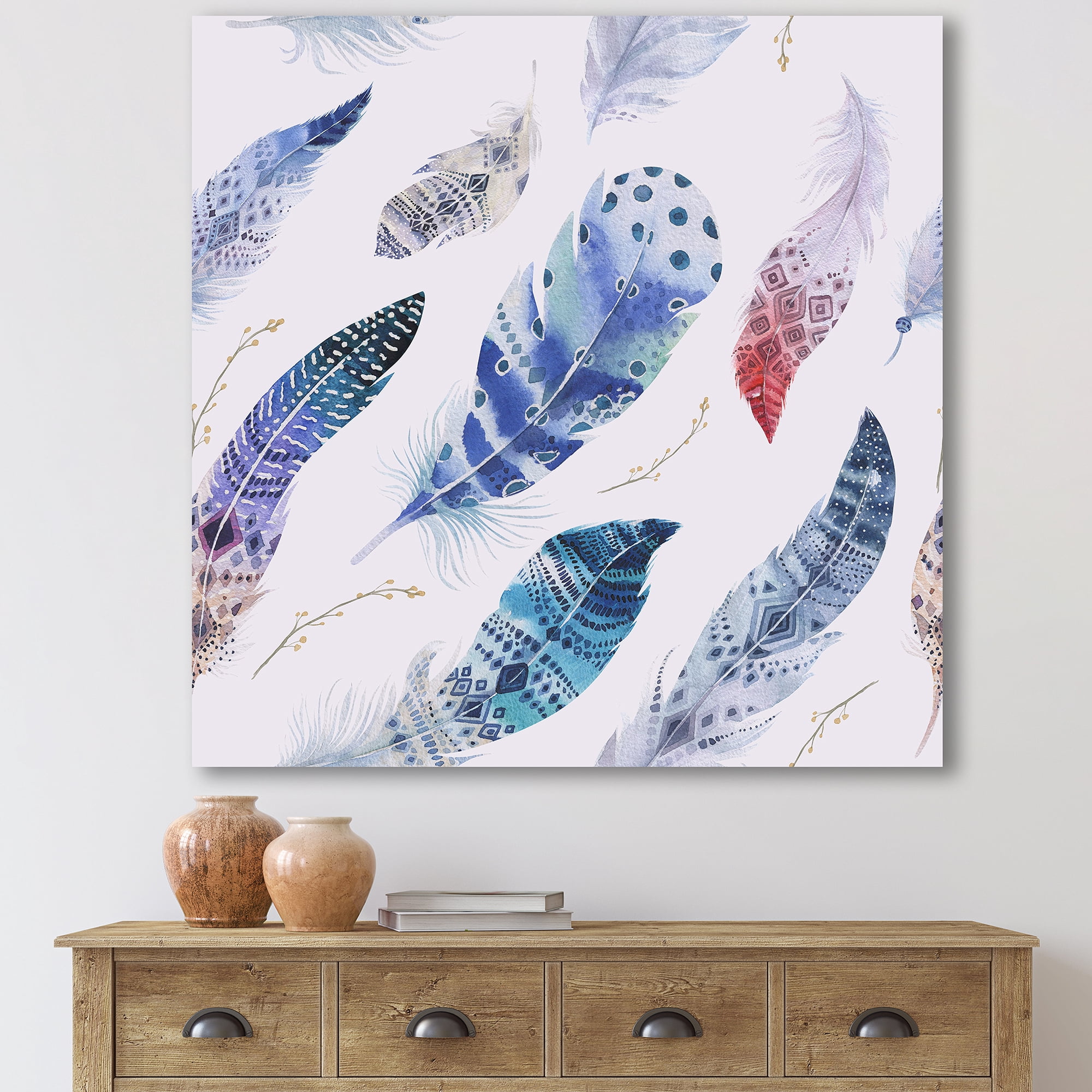 Elegant Blue Boho Art Feathers 30 in x 30 in Painting Canvas Art Print, by Designart