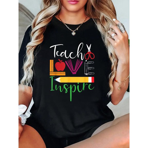 Teach, Love Inspire Back to School Teacher T-Shirt Graphic Tee summer Tops For Women Round Neck Fashion Cotton shirts