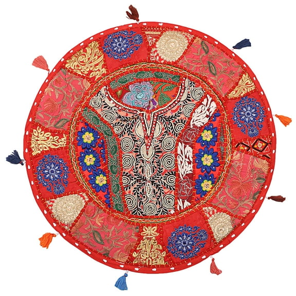Stylo Culture Indian Floor Pillow Cushion Vintage Patchwork Cover Yoga Seating Round Red 22" Big Throw Pillows For Floor Decorative Decor Tuffet Seat Pouf Cover Footstool Cotton Embroidered 1 Pc
