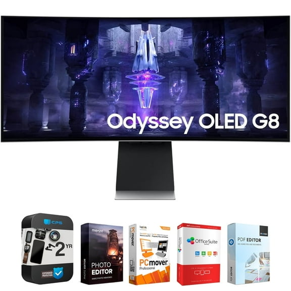 Samsung 34" G85SB OLED Ultra WQHD 175Hz Curved Smart Gaming Monitor Bundle with Tech Smart USA Elite Suite 18 Standard Editing Software Bundle   1 Year CPS Enhanced Protection Pack
