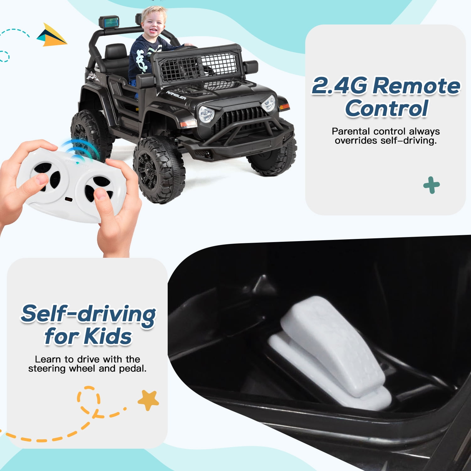 Erinnyees 12V Ride on Jeep Car, Kids Electric Vehicles with Remote Control, Safety Belt, Battery Powered, Music and Lights-Black