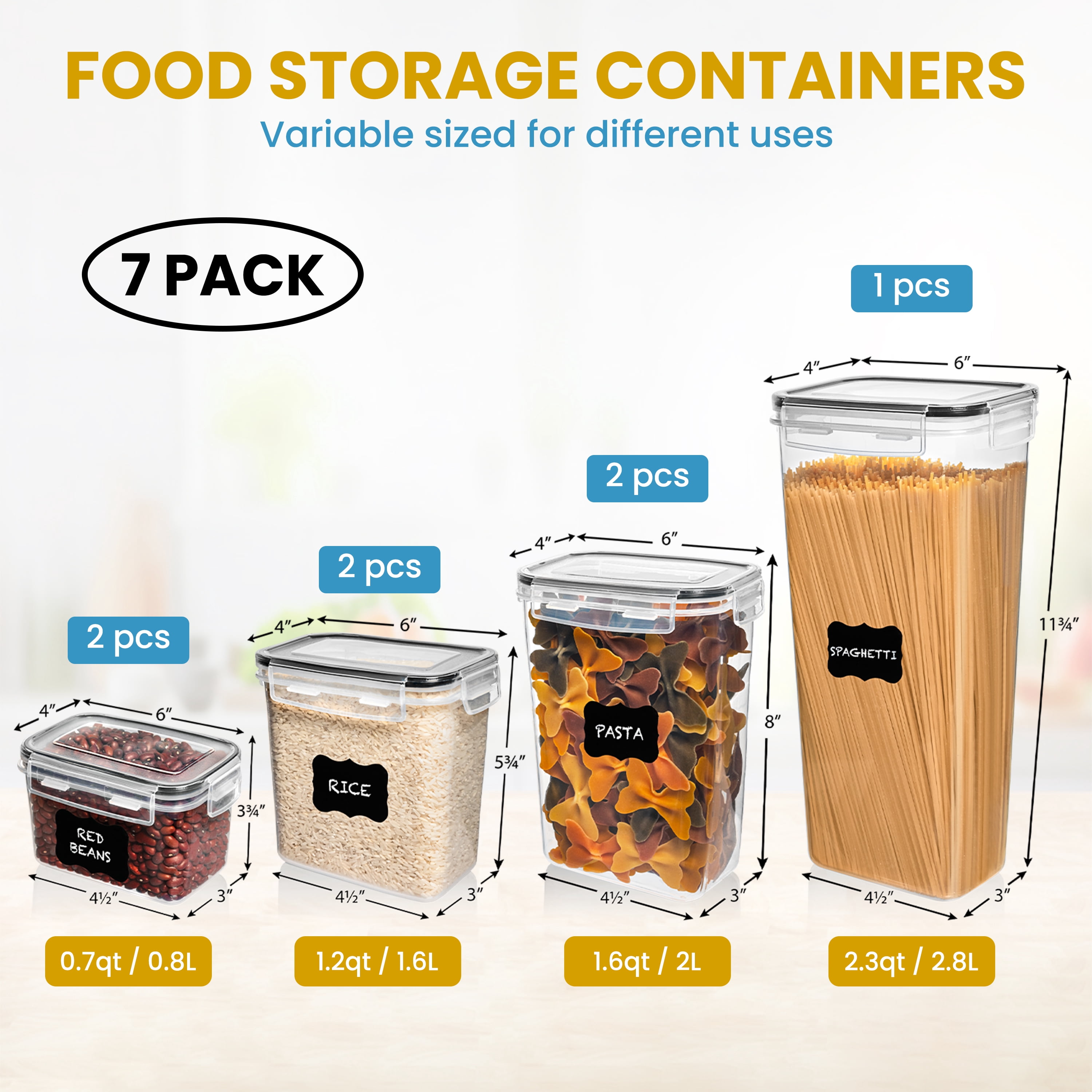 Shazo 7PC Food Storage Containers with Lids, Airtight Food Storage Containers Set for Pantry Organization, BPA Free Kitchen Canisters for Flour Sugar Pasta Cereal, Stackable Kitchen Storage Container